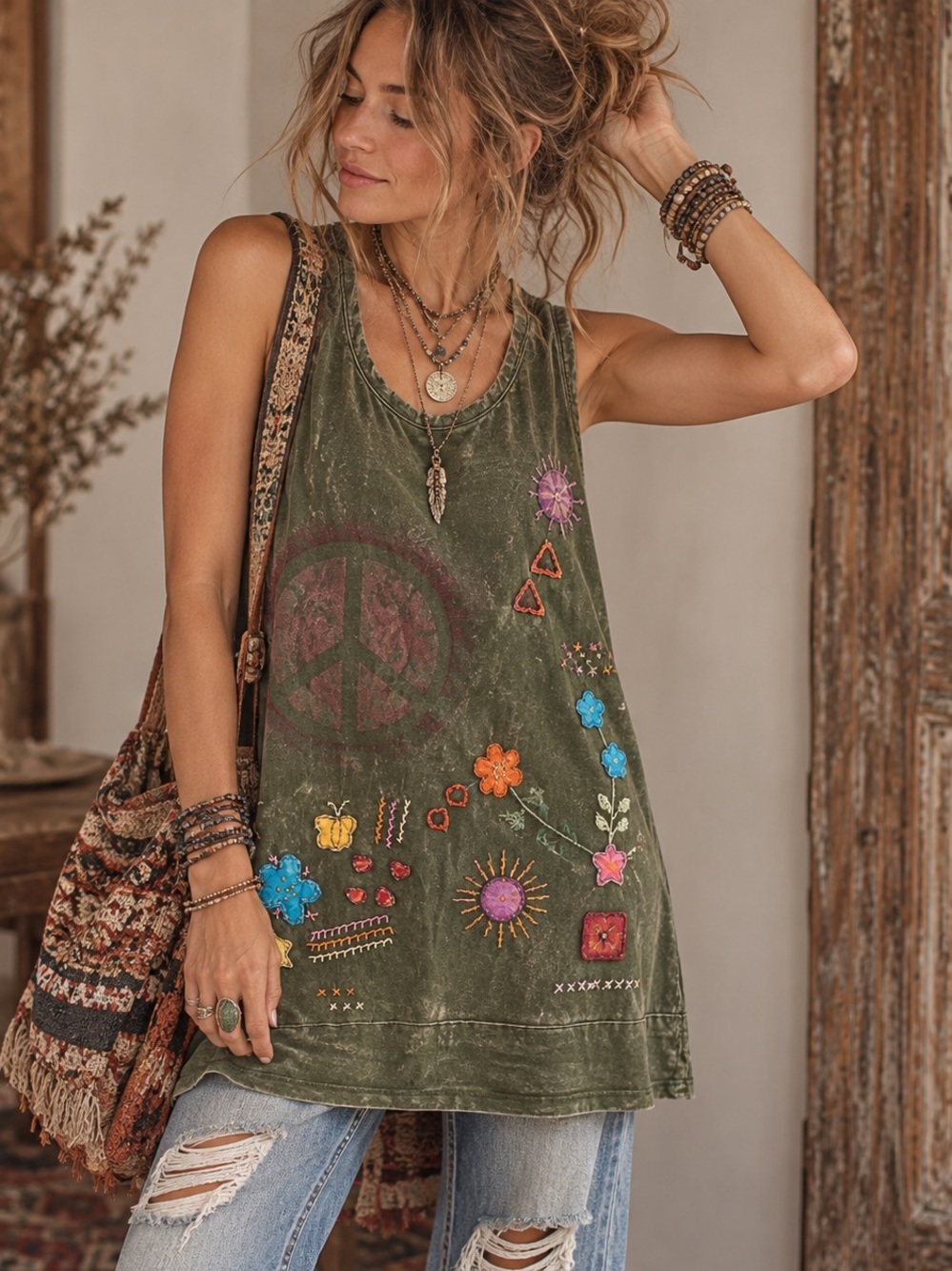 Olive Green Embroidered Boho Art to Wear Cotton Tunic/Mini Dress